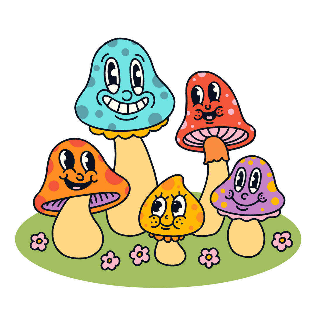 Whimsical Cartoon Mushrooms on Transparent Background Green Patch