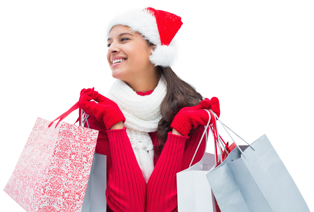 Happy Woman in Santa Hat Holding Shopping Bags on Transparent Background - Download Free Stock Images Pikwizard.com