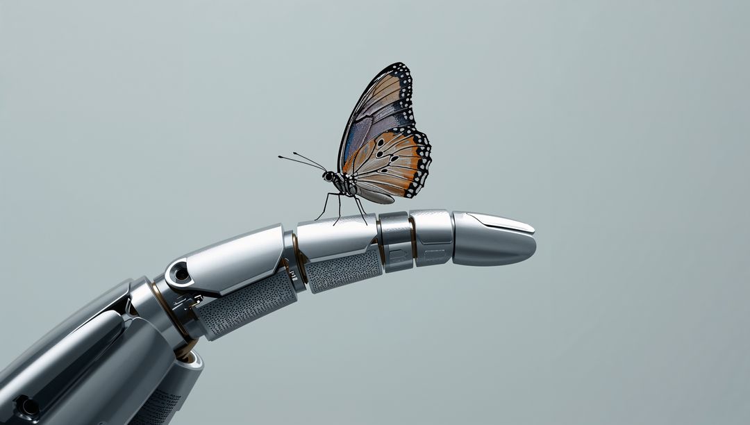 Balancing Chrome Robotic Finger with Delicate Butterfly Perching on Metallic Prosthetic Tip