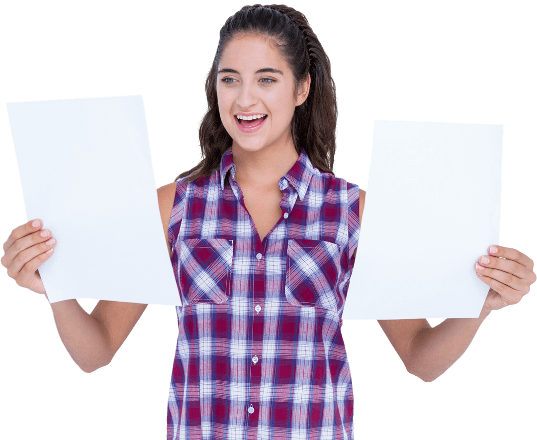 Smiling Brunette Woman Holding Transparent Paper Sheets