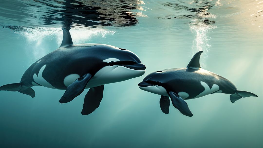 Majestic Mother and Calf Orcas Below Ocean Surface