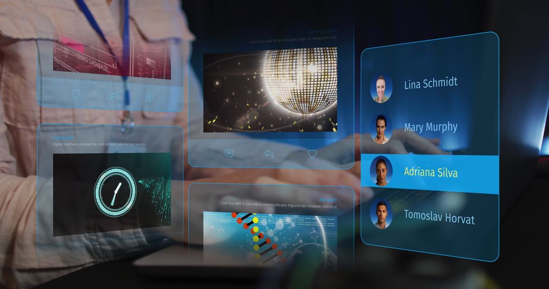 Futuristic Social Media Interface with Digital Profiles and Typing Hands