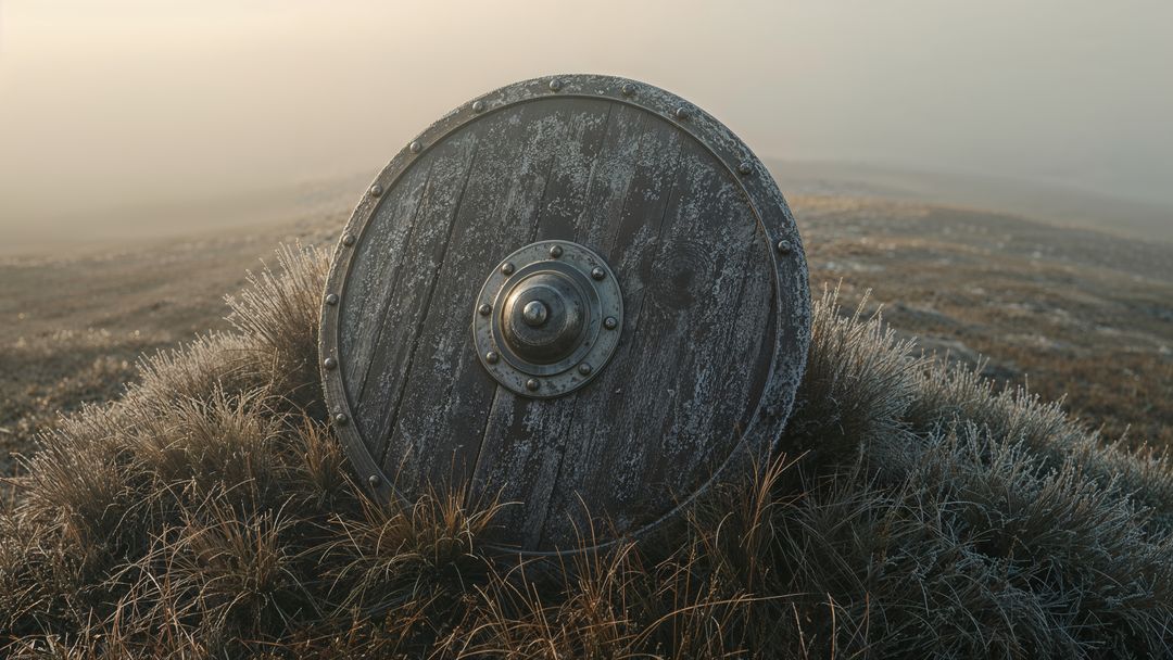 Weathered Wooden Shield in Frosty Dawn