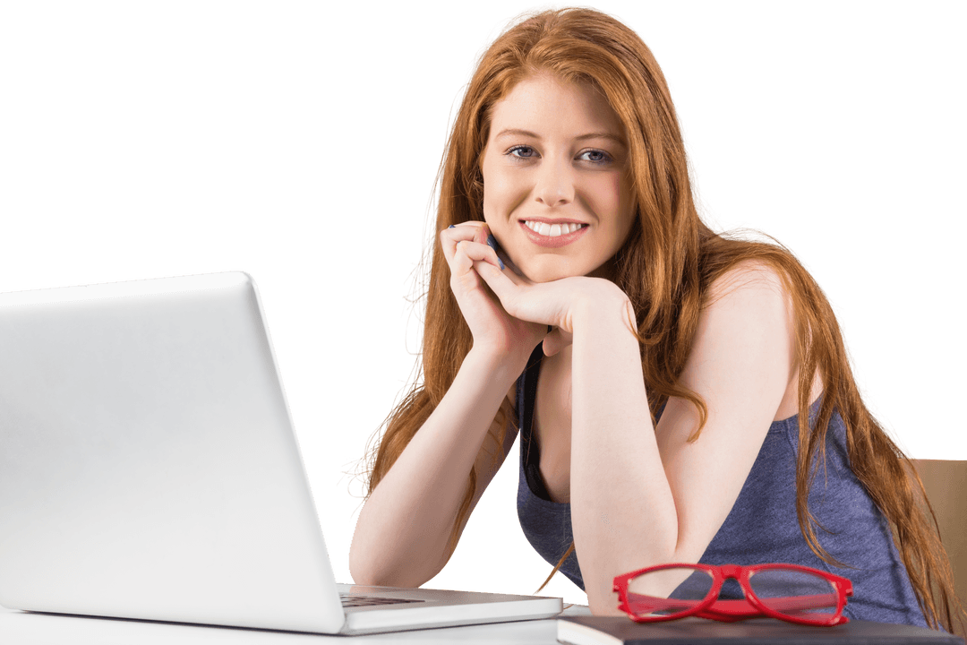 Transparent Smiling Redhead Working on Laptop at Desk
