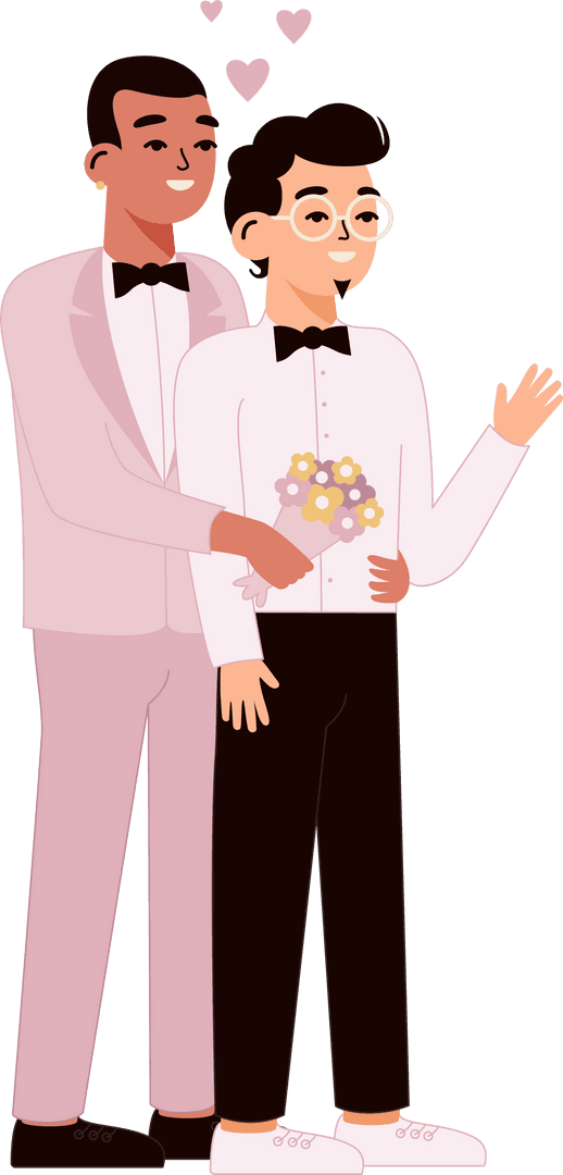 Diverse Gay Couple Embracing with Bouquet on Transparent Background
