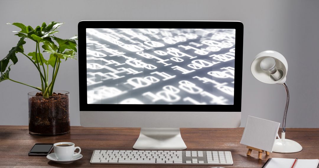 Binary Code Displayed on Computer in Modern Workspace - Free Images, Stock Photos and Pictures on Pikwizard.com