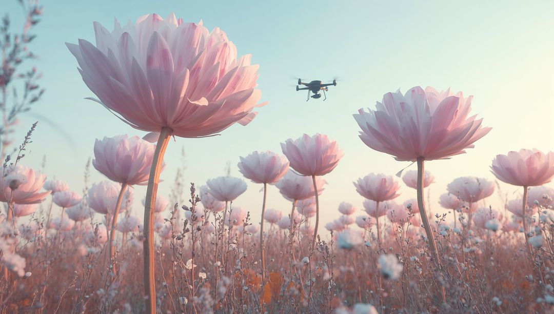 Drone Hovering Over Pastel Pink Ranunculus Meadow at Sunrise