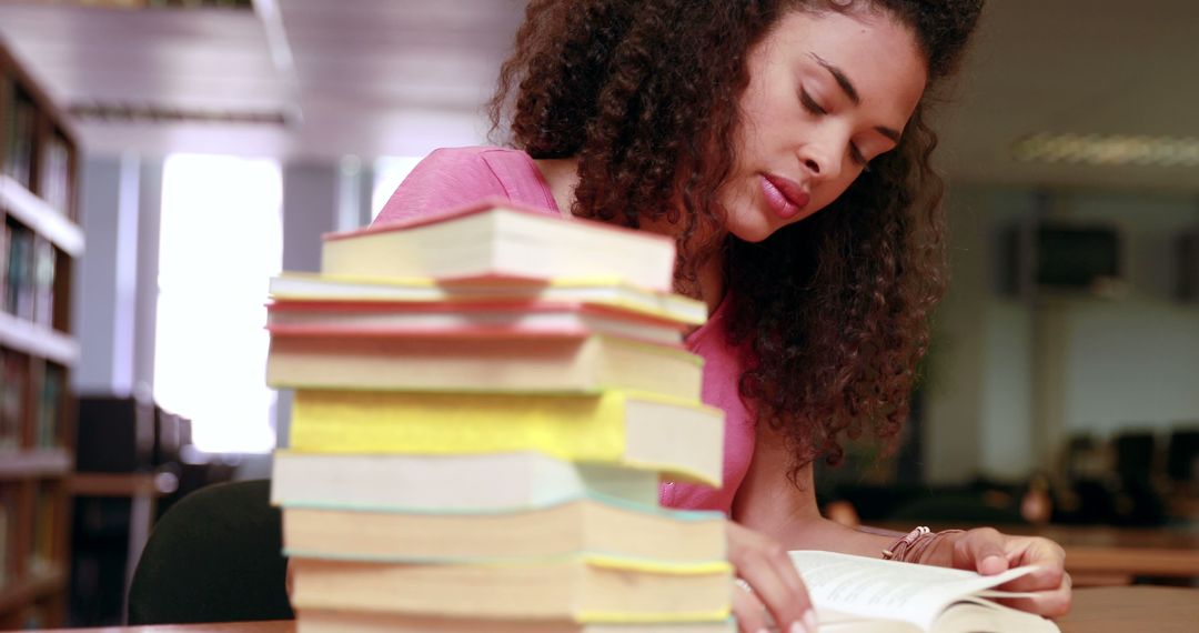 Focused Young Woman Studying with Pile of Books in Library - Free Images, Stock Photos and Pictures on Pikwizard.com