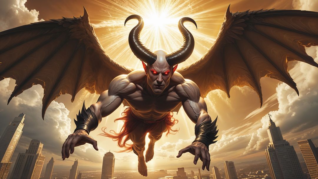 Mythical satan hovering over cityscape with radiant sunburst