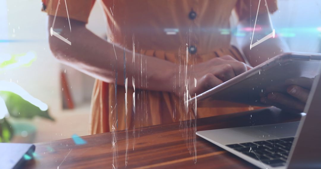 Woman Using Digital Tablet with Holographic Technology Elements