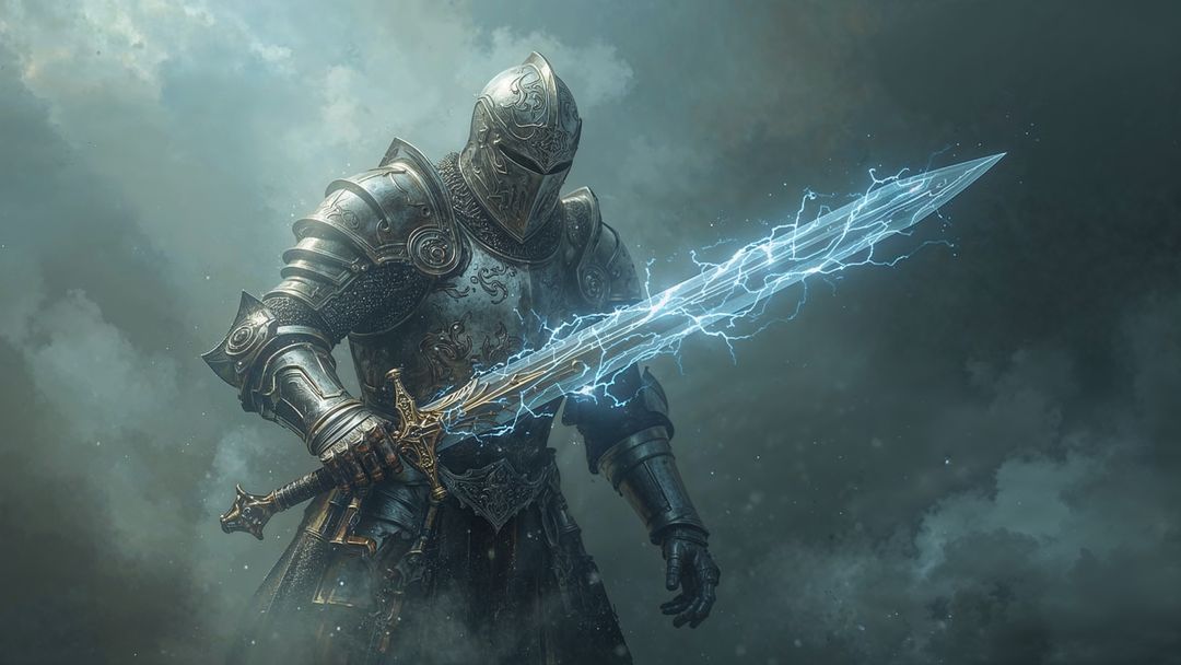Armored medieval knight wielding lightning sword in fantasy storm