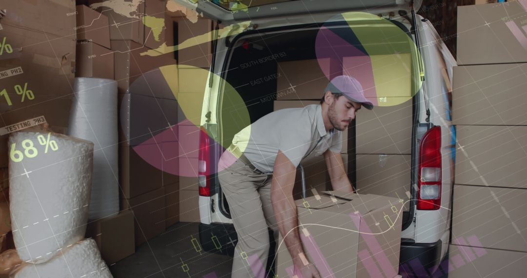 Delivery Person Loading Packages amid Data Visualization Overlay
