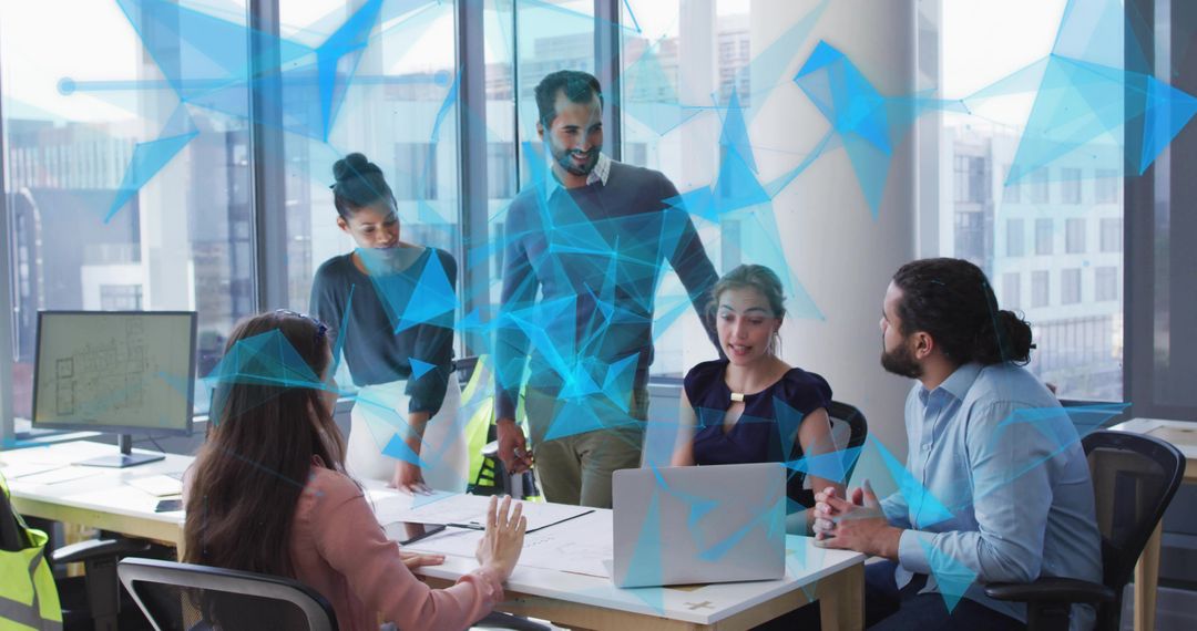 Professionals Collaborating in Modern Office with Digital Overlay