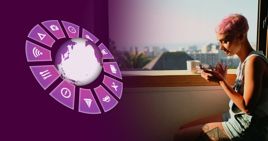Globe With Travel Icons and Woman Using Smartphone by Window