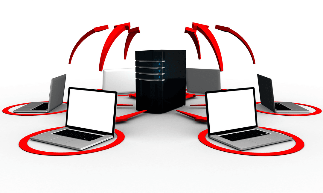 Digital vector laptops pointing to server with red arrows | transparent background