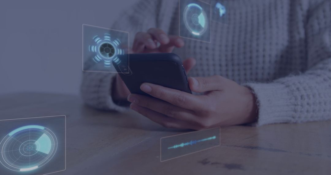 Woman Interacting with Futuristic Holographic Smartphone Interface