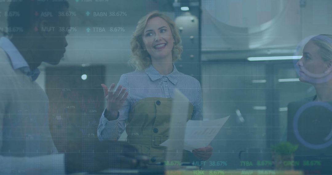 Collaborative Business Meeting with Financial Data Overlay