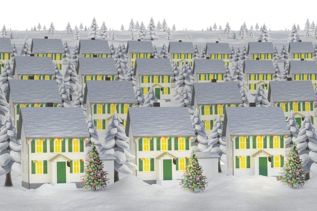 Festive Snowy Village with Houses on Transparent Background