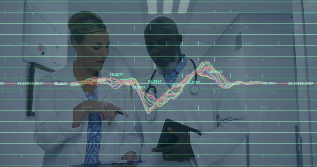 Doctors Analyzing Data in Hospital Corridor with Graph Overlay