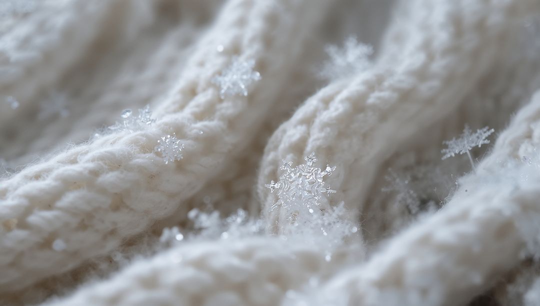 Macro snowflake crystals melting on cream cable knit wool sweater showing yarn texture