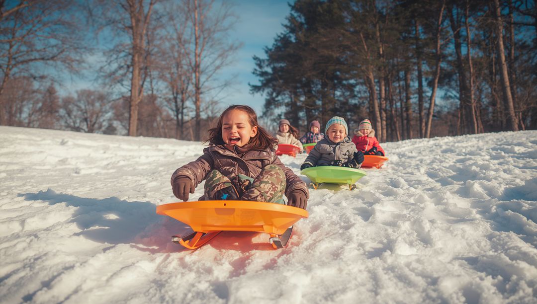 Joyful Children Sledding Down Snowy Hill Together