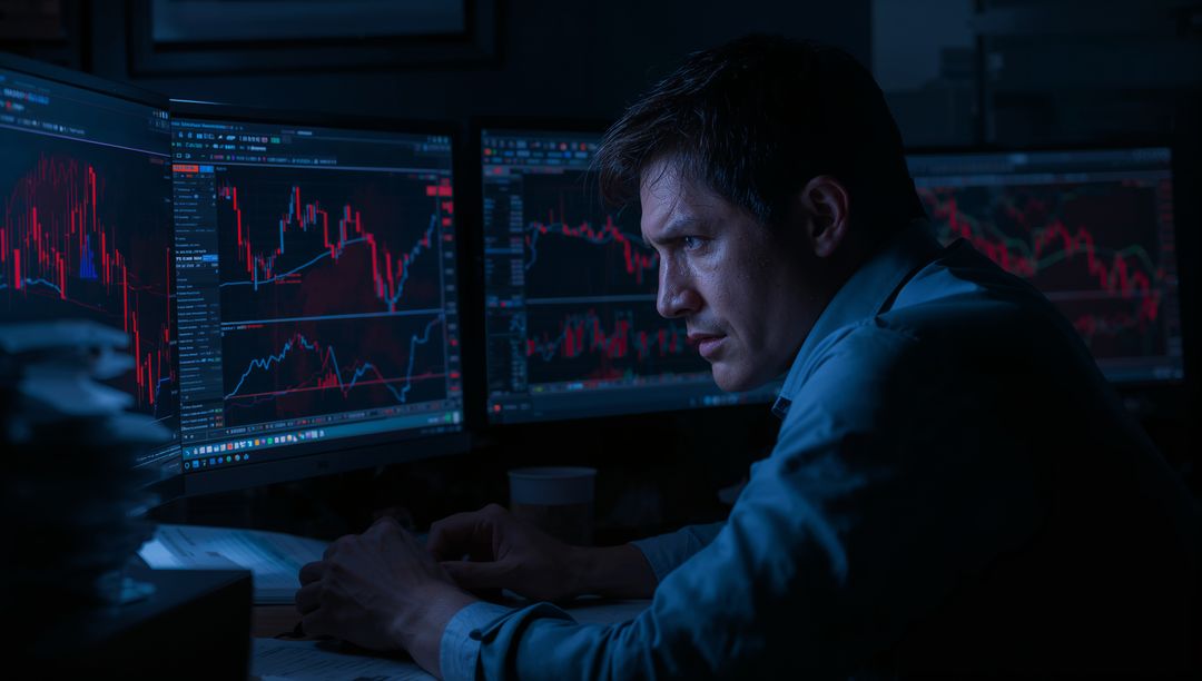 Dedicated Trader Analyzing Stock Market Trends at Night