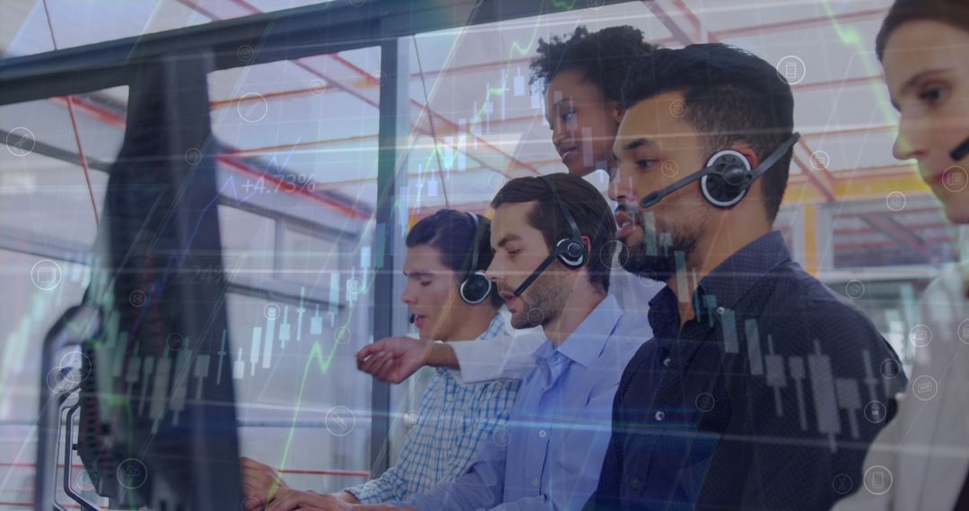 Diverse Team Analyzing Data in Futuristic Workplace