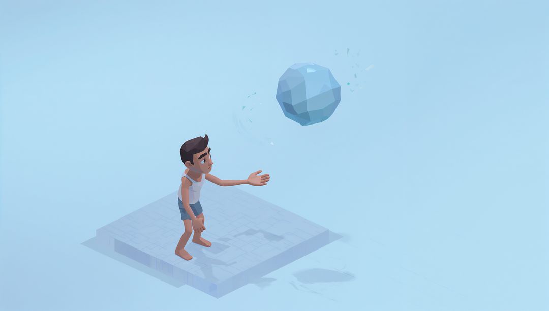Reaching boy toward floating faceted orb on minimal tiled platform, low-poly surreal scene