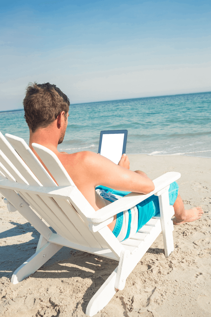 Transparent Tablet Usage on Beach Holiday Deck Chair Ocean