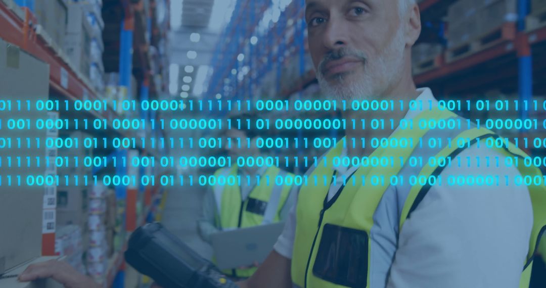 Warehouse Worker with Binary Code Overlay