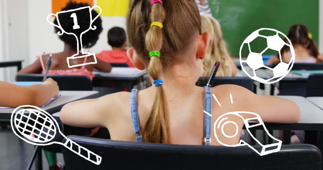 Back View of Student in Classroom with Sports Theme Overlay