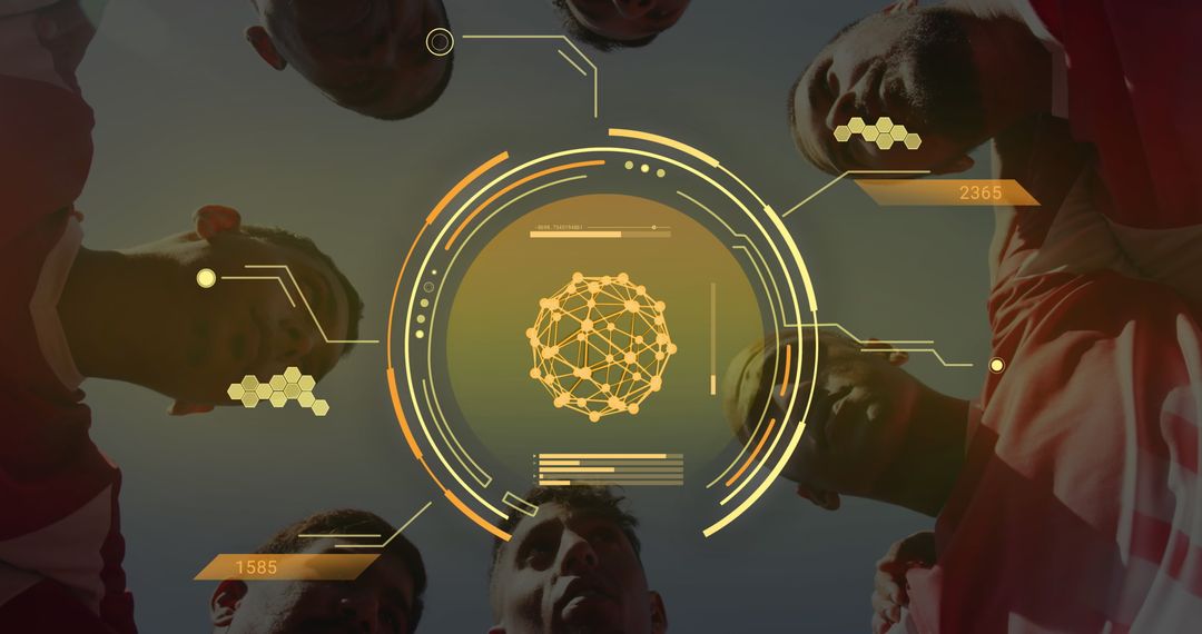 Football Players Analyzing Tactical Data with Digital Interface