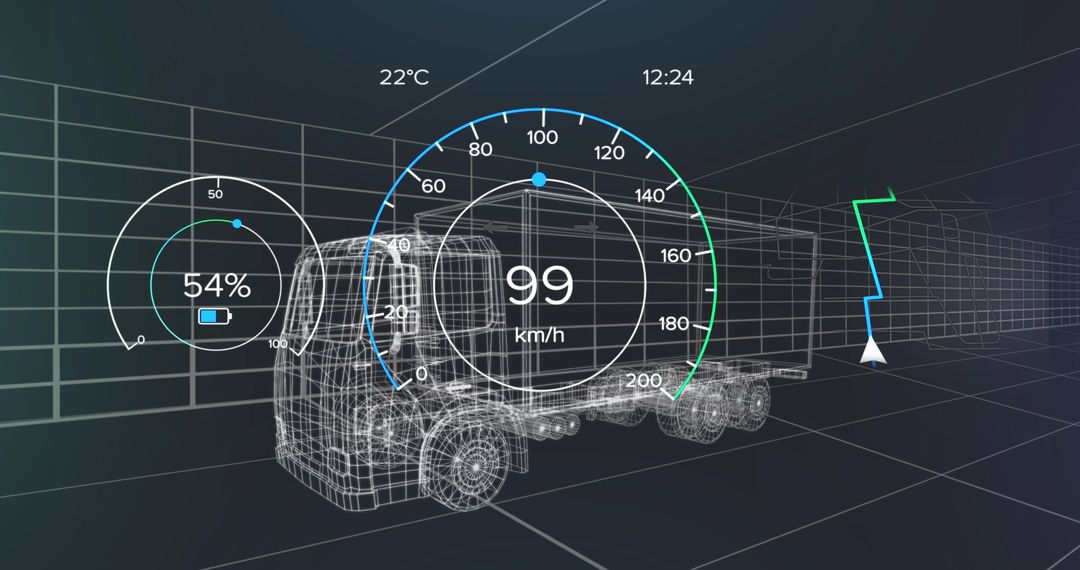 Digital Dashboard Over Electric Truck Blueprint Highlighting Speed and Efficiency