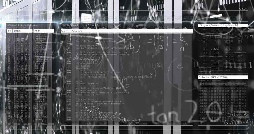 Abstract Digital Interface Overlaid on Assorted Server Equipment