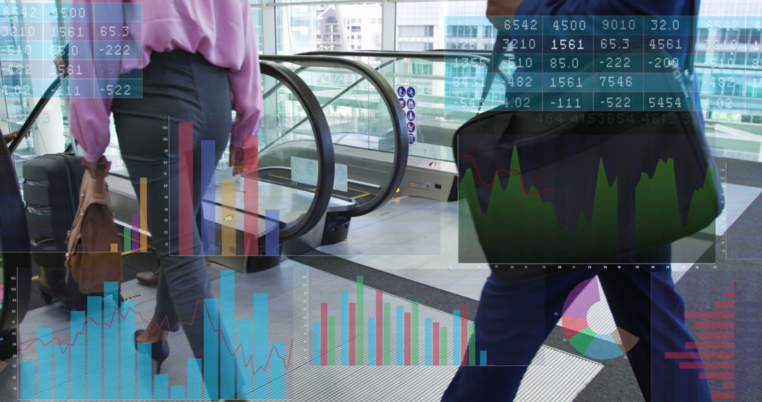 Business Professionals with Luggage on Escalator Against Digital Financial Graphs