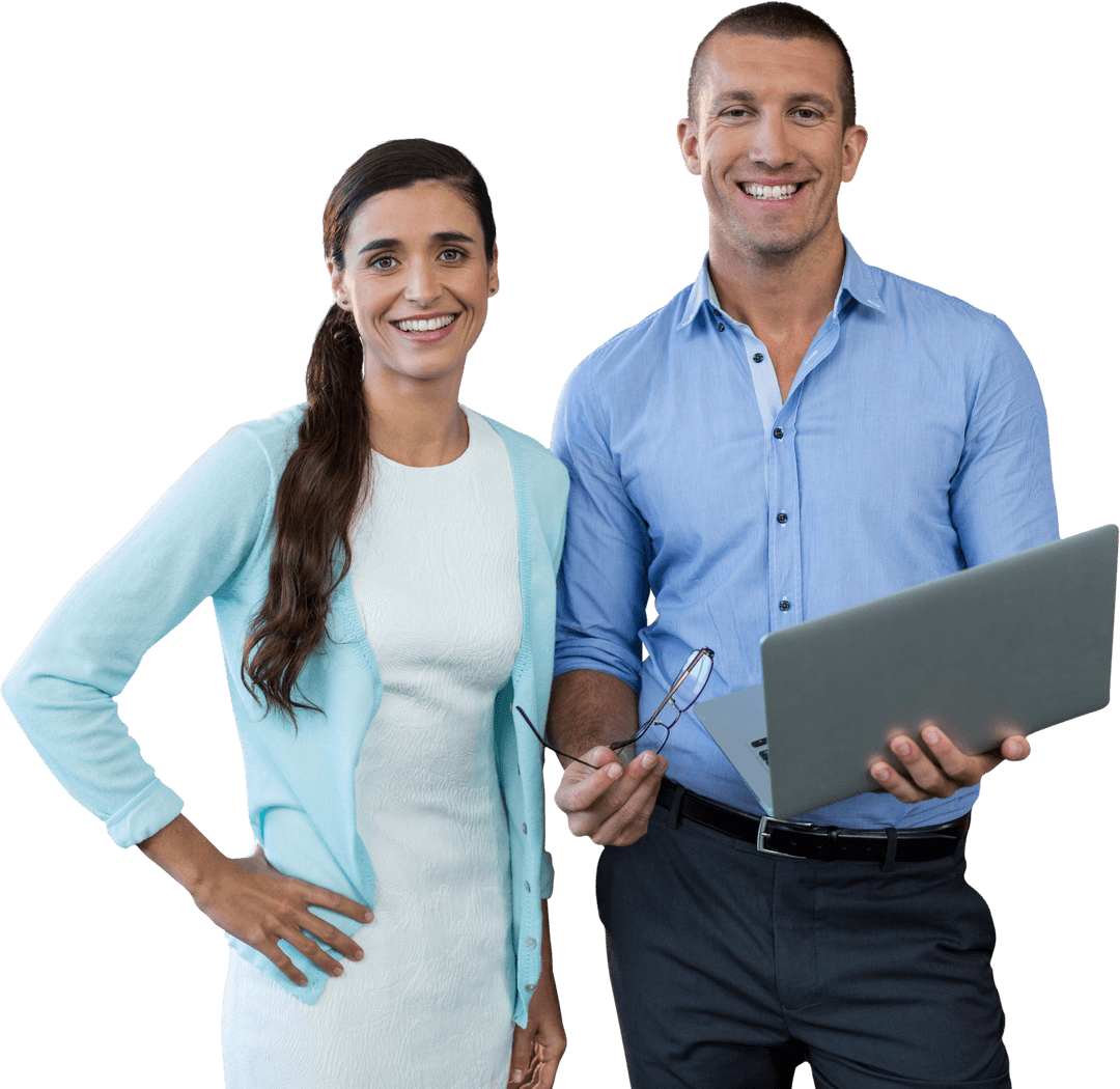 Smiling Business Team with Laptop on Transparent Background