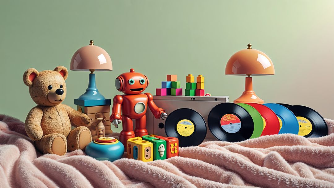 Vintage Toy Collection Display on Soft Draped Fabric