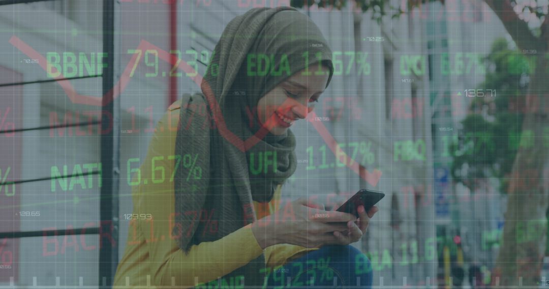 Smiling Woman in Hijab Interacting Reflective Stock Market Overlay
