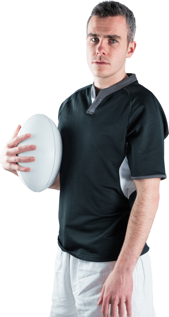 Transparent Background Portrait of Rugby Player Holding Ball