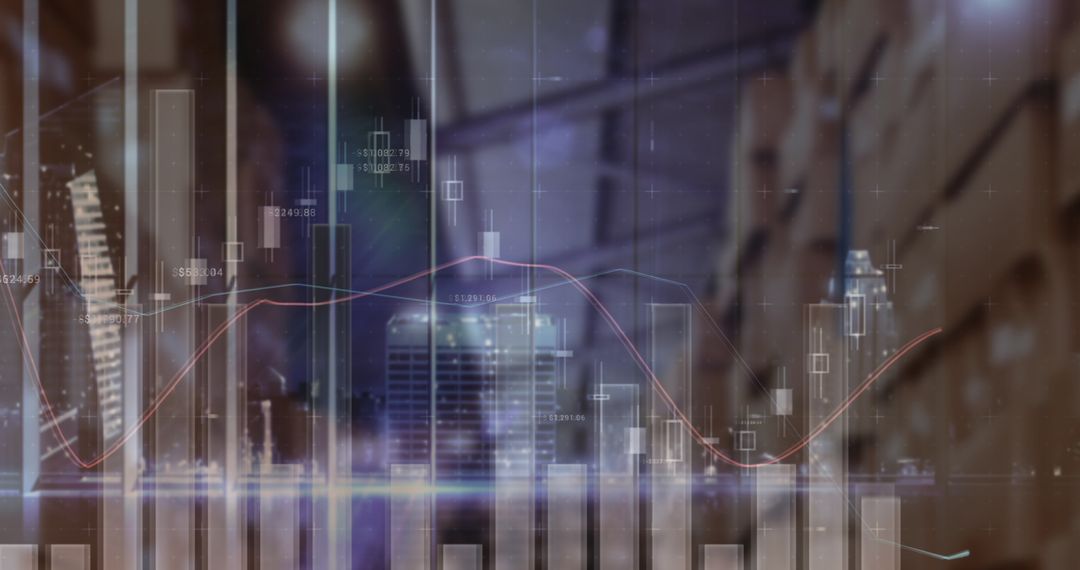 Abstract Financial Data Overlaid on Empty Warehouse Perspective