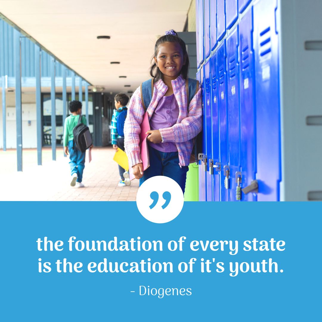 Smiling Student by Lockers with Inspirational Quote on Education