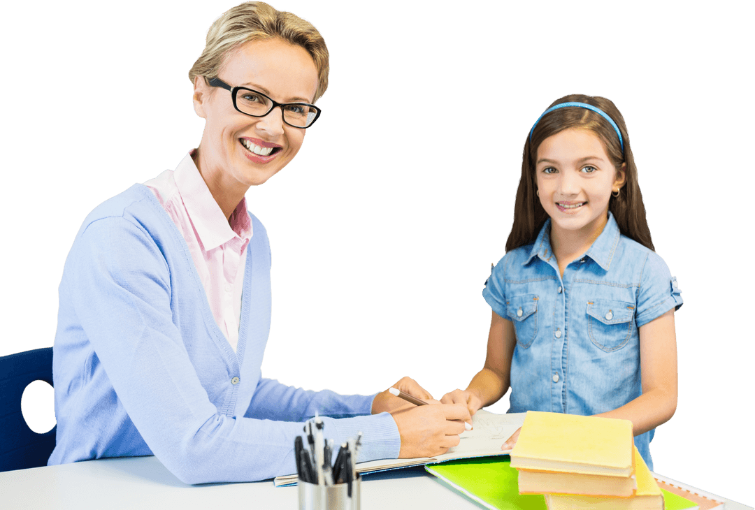 Transparent Smiling Teacher Assisting Student with Homework