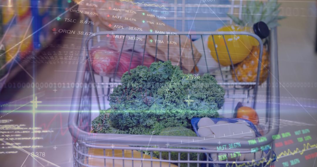 Grocery Cart and Stock Data Fusion Illustrating Market Trends