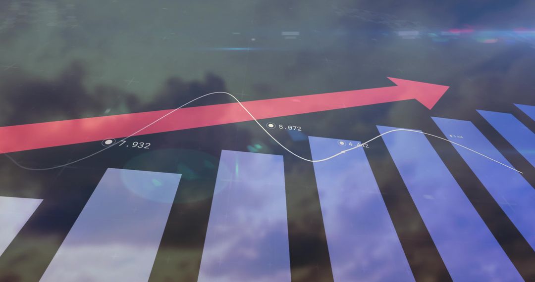 Growing Bar and Line Graph with Red Arrow on Cloudy Sky Background