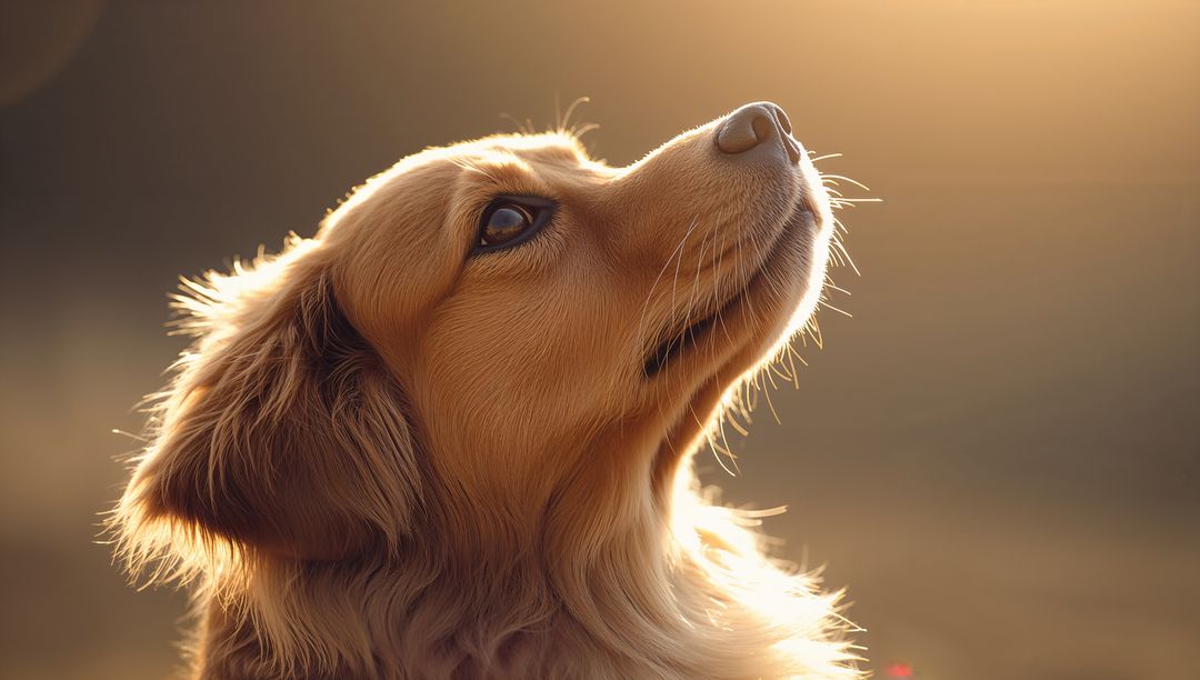 Golden-brown dog gazing into warm sunlight with backlit rim light and soft bokeh closeup