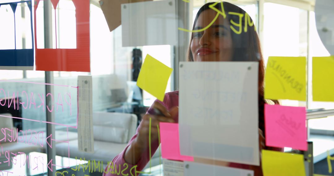 Asian Businesswoman Organizing Ideas with Sticky Notes on Glass Partition - Free Images, Stock Photos and Pictures on Pikwizard.com