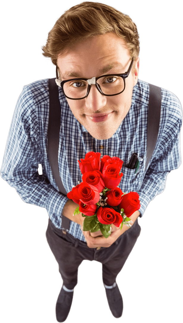 Geeky Hipster Holding Bouquet of Red Roses Transparent Background