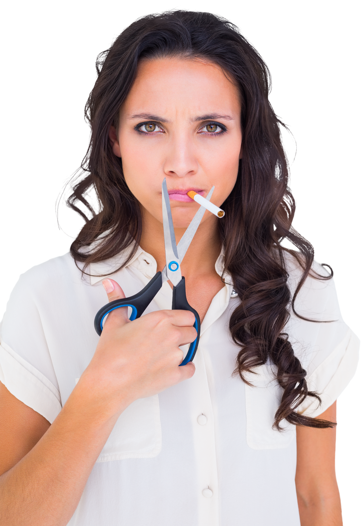 Caucasian woman with cigarette and scissors on transparent background, smoking addiction concept - Download Free Stock Images Pikwizard.com