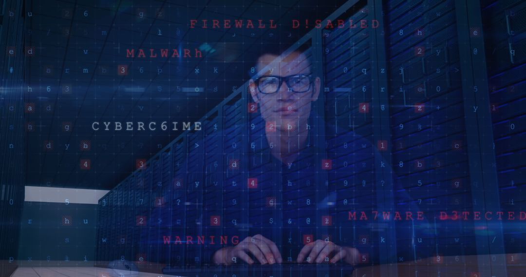 Hacker and Digital Security Breach Overlaid on Server Room