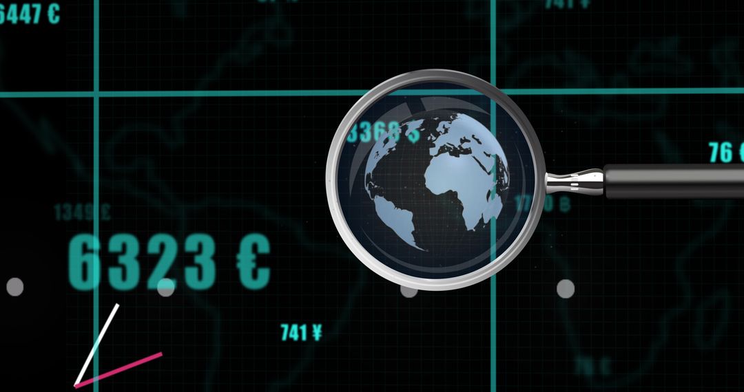 Magnifying Glass Over Financial Data on Global Map